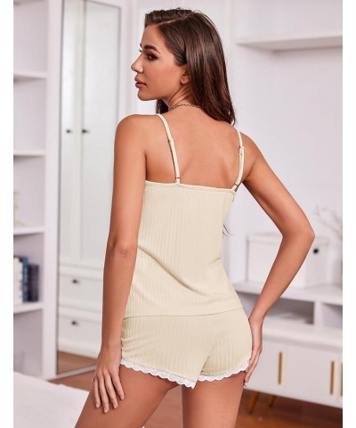 Womens Pajama Sets Soft Lingerie Sleepwear 2 Piece Cami Shorts Set V Neck Pj Lace Nightwear Beige $10.89 Sleep & Lounge