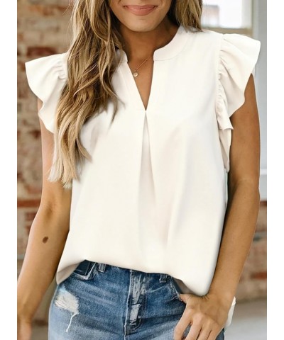 Womens Summer Tops Dressy Casual V Neck Ruffle Short Sleeve Solid Blouses Tops White $11.00 Blouses