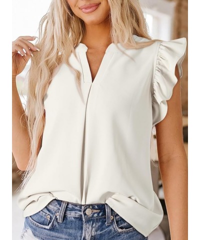 Womens Summer Tops Dressy Casual V Neck Ruffle Short Sleeve Solid Blouses Tops White $11.00 Blouses