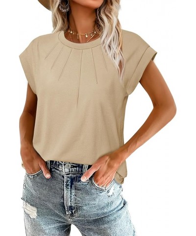 Women's Cap Short Sleeve Tops Pleated Crew Neck T Shirts Casual Loose Summer Tee Shirts Work Tops Blouses Cream $14.24 Blouses