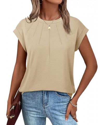 Women's Cap Short Sleeve Tops Pleated Crew Neck T Shirts Casual Loose Summer Tee Shirts Work Tops Blouses Cream $14.24 Blouses