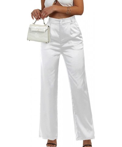 Women's Wide Leg Satin Silky Casual Dress Cocktail Party High Waist Pants Straightwide Leg White $18.90 Pants