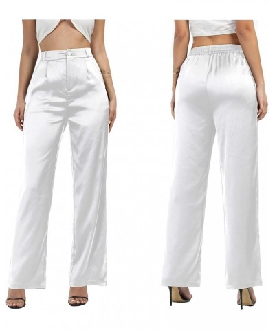 Women's Wide Leg Satin Silky Casual Dress Cocktail Party High Waist Pants Straightwide Leg White $18.90 Pants