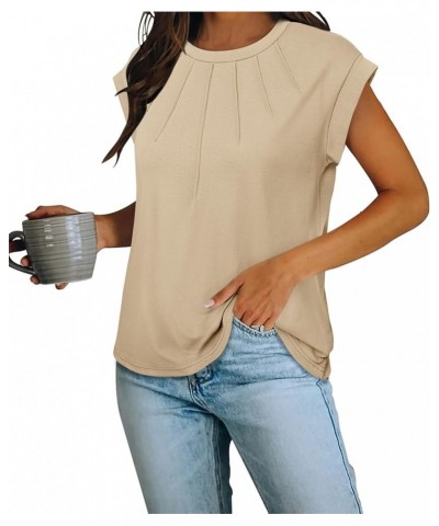 Women's Cap Short Sleeve Tops Pleated Crew Neck T Shirts Casual Loose Summer Tee Shirts Work Tops Blouses Cream $14.24 Blouses