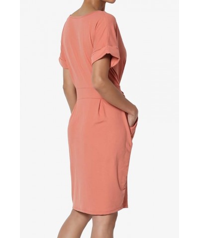 Women's Tie Waist Short Sleeve Stretchy DTY Pocket Shift Dress Casual to Office Ash Rose $12.88 Dresses