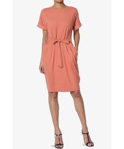 Women's Tie Waist Short Sleeve Stretchy DTY Pocket Shift Dress Casual to Office Ash Rose $12.88 Dresses