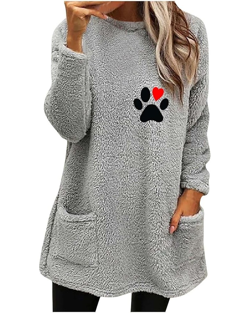 Fleece Pullover Shirts for Women Round Neck Long Sleeve Sherpa Sweatshirts with Pocket Cute Winter Trendy Tops 3 Gray $9.50 H...