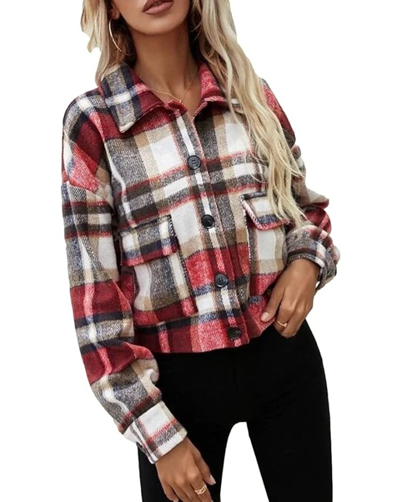 Womens Plaid Cropped Shacket Wool Blend Brushed Flannel Jacket Button Up Long Sleeve Casual Coat Red $19.32 Coats