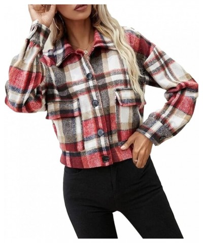 Womens Plaid Cropped Shacket Wool Blend Brushed Flannel Jacket Button Up Long Sleeve Casual Coat Red $19.32 Coats