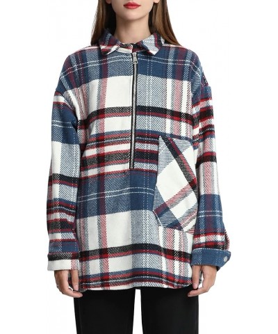 Women's Vintage Plaid Wool Blend Shirt Jacket Loose Half-Zip Long Sleeve Pullover Outerwear Blue $8.09 Coats