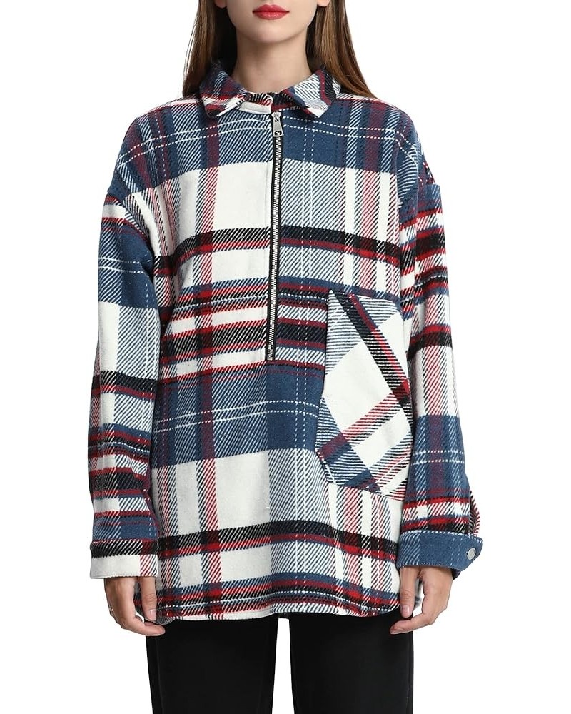 Women's Vintage Plaid Wool Blend Shirt Jacket Loose Half-Zip Long Sleeve Pullover Outerwear Blue $8.09 Coats