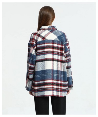 Women's Vintage Plaid Wool Blend Shirt Jacket Loose Half-Zip Long Sleeve Pullover Outerwear Blue $8.09 Coats