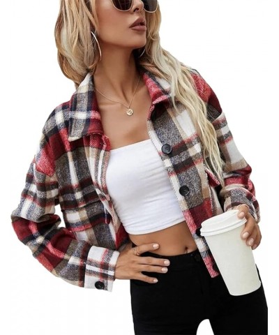 Womens Plaid Cropped Shacket Wool Blend Brushed Flannel Jacket Button Up Long Sleeve Casual Coat Red $19.32 Coats