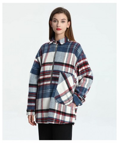 Women's Vintage Plaid Wool Blend Shirt Jacket Loose Half-Zip Long Sleeve Pullover Outerwear Blue $8.09 Coats