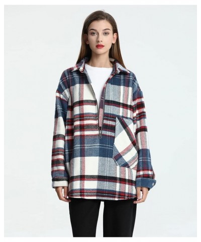 Women's Vintage Plaid Wool Blend Shirt Jacket Loose Half-Zip Long Sleeve Pullover Outerwear Blue $8.09 Coats