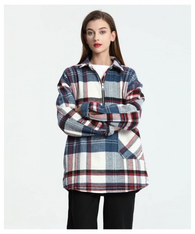 Women's Vintage Plaid Wool Blend Shirt Jacket Loose Half-Zip Long Sleeve Pullover Outerwear Blue $8.09 Coats