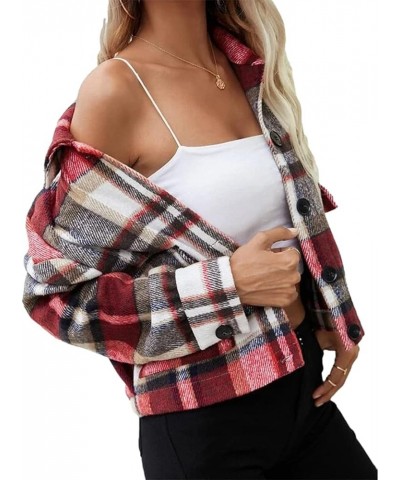 Womens Plaid Cropped Shacket Wool Blend Brushed Flannel Jacket Button Up Long Sleeve Casual Coat Red $19.32 Coats