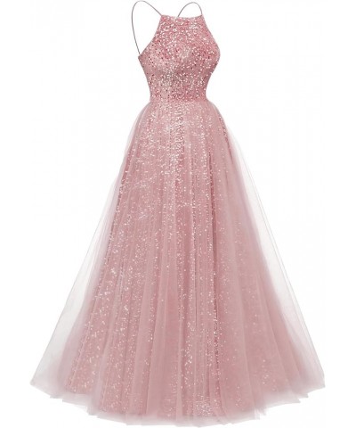 Sparkly Prom Dresses 2024 Long Tulle Sequin Evening Ball Gown Spaghetti Straps A Line Formal Dress for Women Dusty Rose $30.7...