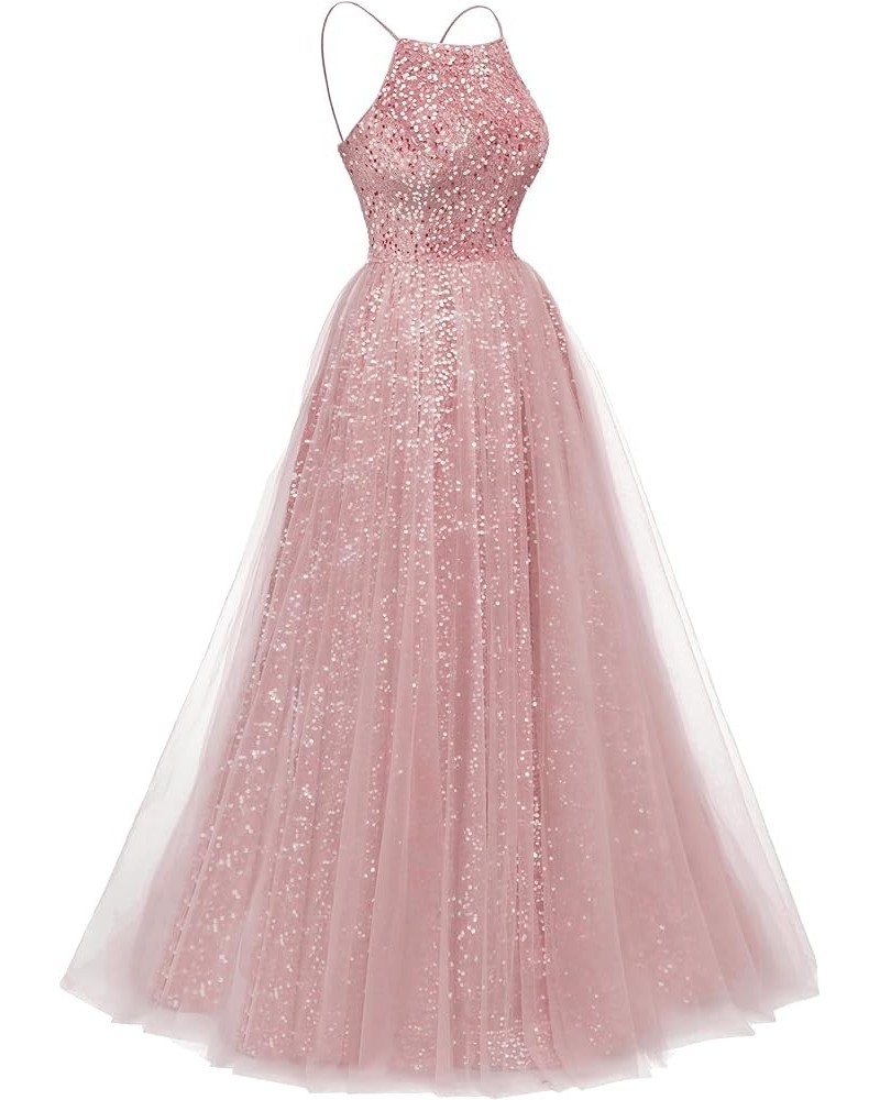 Sparkly Prom Dresses 2024 Long Tulle Sequin Evening Ball Gown Spaghetti Straps A Line Formal Dress for Women Dusty Rose $30.7...