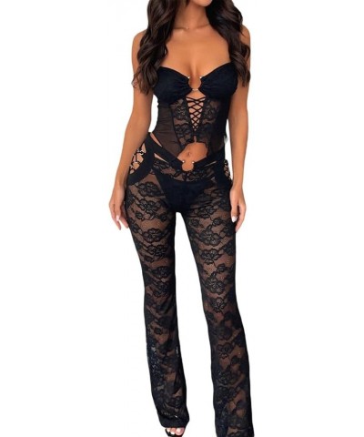 Women Sexy 2 Piece Lace Pants Sets See Through Strapless Floral Crop Top Bodycon High Waist Flare Pants Y2K Outfits L-black S...