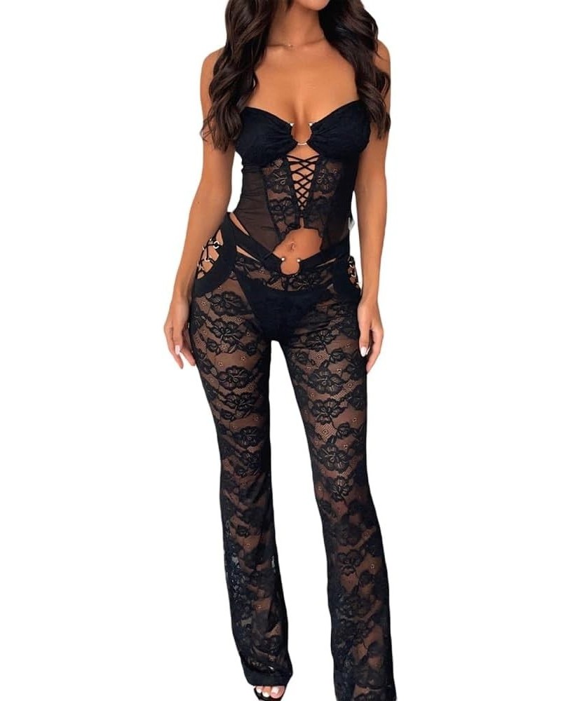 Women Sexy 2 Piece Lace Pants Sets See Through Strapless Floral Crop Top Bodycon High Waist Flare Pants Y2K Outfits L-black S...