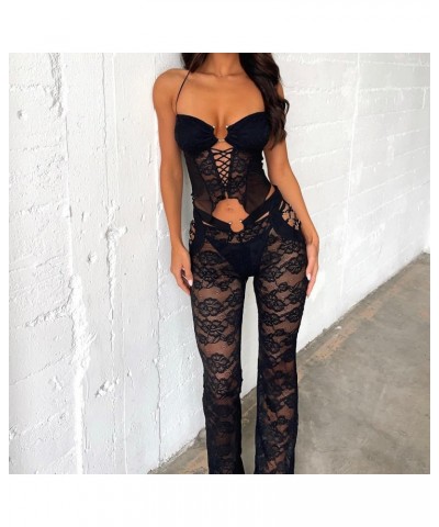 Women Sexy 2 Piece Lace Pants Sets See Through Strapless Floral Crop Top Bodycon High Waist Flare Pants Y2K Outfits L-black S...