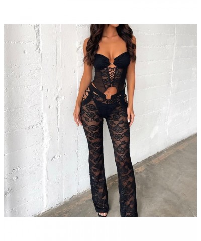 Women Sexy 2 Piece Lace Pants Sets See Through Strapless Floral Crop Top Bodycon High Waist Flare Pants Y2K Outfits L-black S...