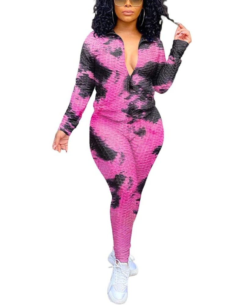 Jogging Suits for Women, Textured 2 Piece Outfit Long Sleeve Full Zip Jacket Skinny Pants Tracksuit Set T-black&pink $17.94 A...