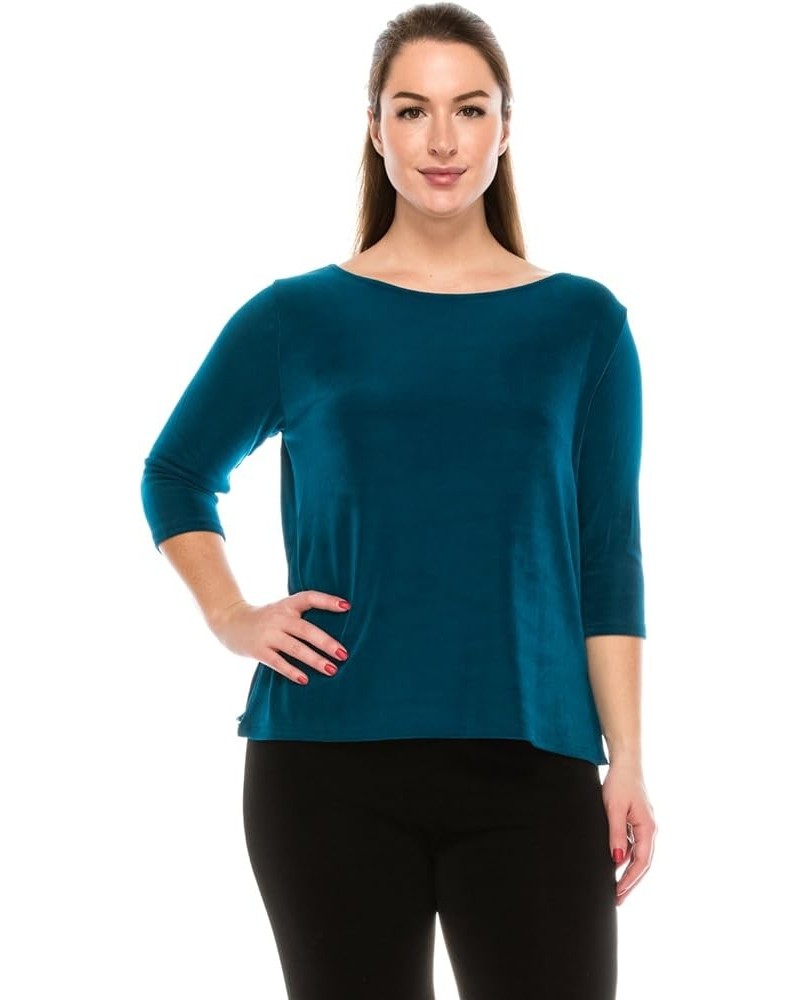 Women's Basic T Shirts - 3/4 Sleeve Scoop Neck Soft Wrinkle Free Solid Top with Side Slit Teal $17.55 T-Shirts