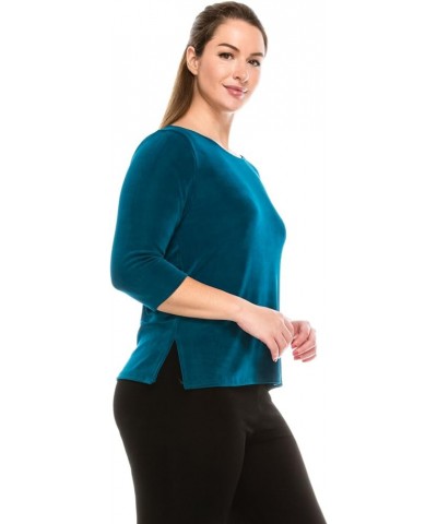 Women's Basic T Shirts - 3/4 Sleeve Scoop Neck Soft Wrinkle Free Solid Top with Side Slit Teal $17.55 T-Shirts