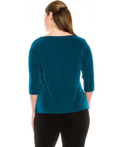 Women's Basic T Shirts - 3/4 Sleeve Scoop Neck Soft Wrinkle Free Solid Top with Side Slit Teal $17.55 T-Shirts