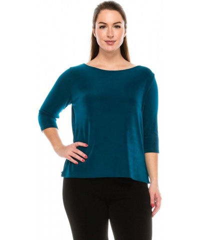 Women's Basic T Shirts - 3/4 Sleeve Scoop Neck Soft Wrinkle Free Solid Top with Side Slit Teal $17.55 T-Shirts