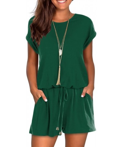 Womens Summer Cute Front Tie Short Jumpsuits Rompers with Pockets Dark Green $18.35 Rompers