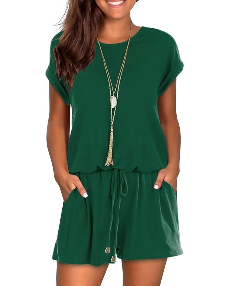 Womens Summer Cute Front Tie Short Jumpsuits Rompers with Pockets Dark Green $18.35 Rompers