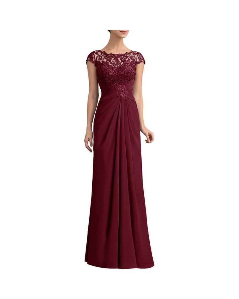 Mother of The Bride Dress A-Line Prom Dresses Long Chiffon Floral Embroidered Gown Cap Sleeves Dress Burgundy $34.65 Dresses