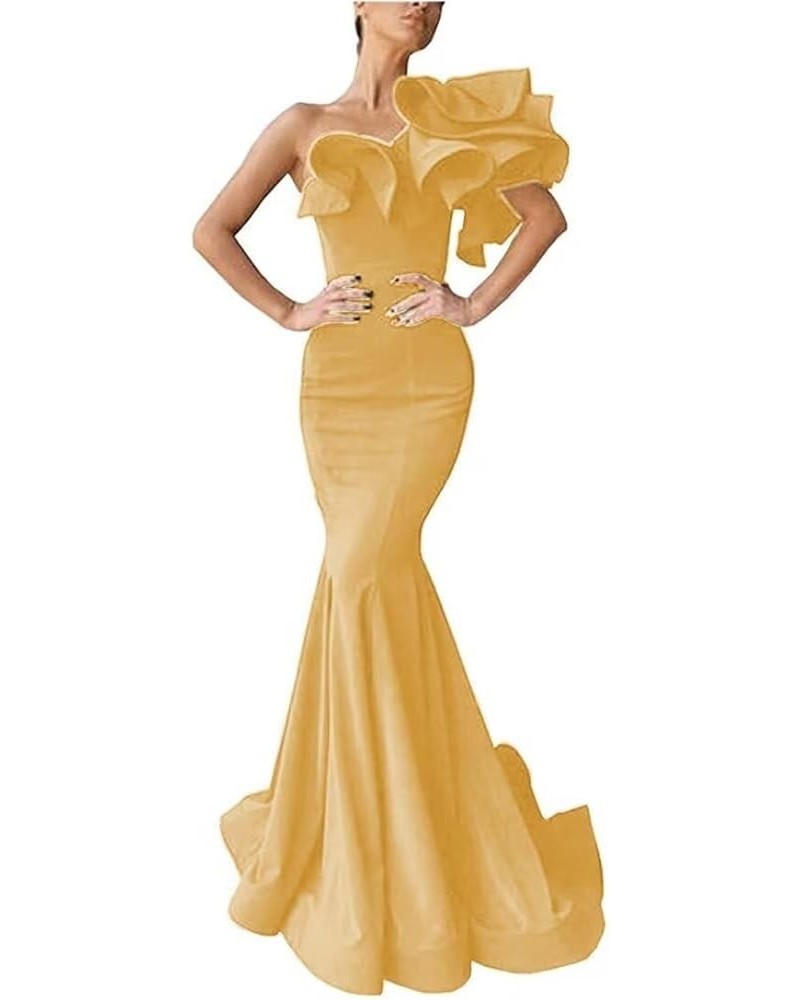 Women's One Shoulder Ruffles Satin Mermaid Prom Dresses Long Ball Gowns Formal Evening Party Gowns Gold $39.74 Dresses