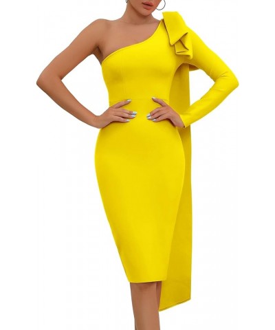 One Shoulder Bodycon Bandage Dress for Women Tie Midi Celebrity Evening Clubwear Cocktail Party Dresses Yellow $33.00 Dresses