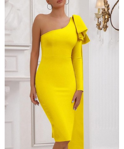 One Shoulder Bodycon Bandage Dress for Women Tie Midi Celebrity Evening Clubwear Cocktail Party Dresses Yellow $33.00 Dresses