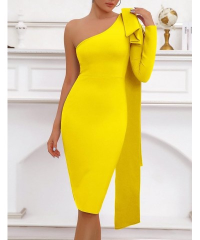 One Shoulder Bodycon Bandage Dress for Women Tie Midi Celebrity Evening Clubwear Cocktail Party Dresses Yellow $33.00 Dresses