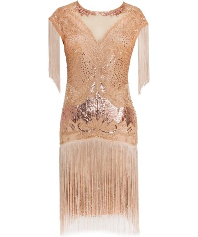 Women's 1920s Vintage Gatsby Long Fringe Flapper Dress Cap Sleeve Cocktail Party Dress Rose Gold $23.97 Dresses