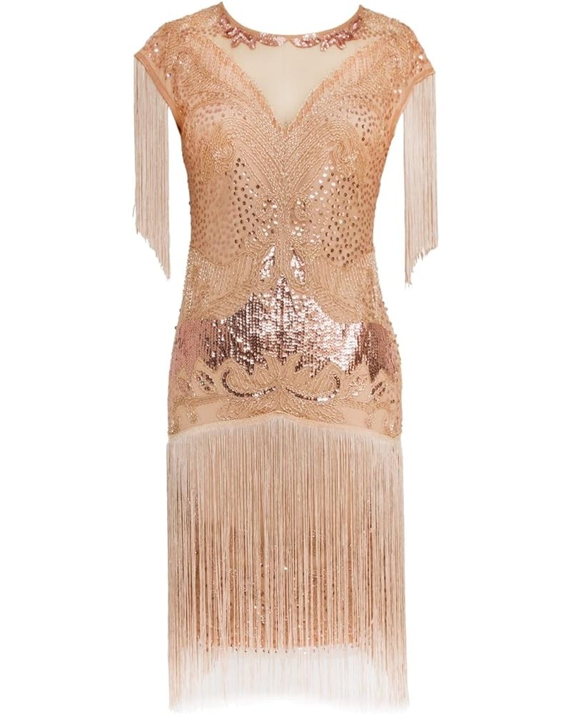 Women's 1920s Vintage Gatsby Long Fringe Flapper Dress Cap Sleeve Cocktail Party Dress Rose Gold $23.97 Dresses