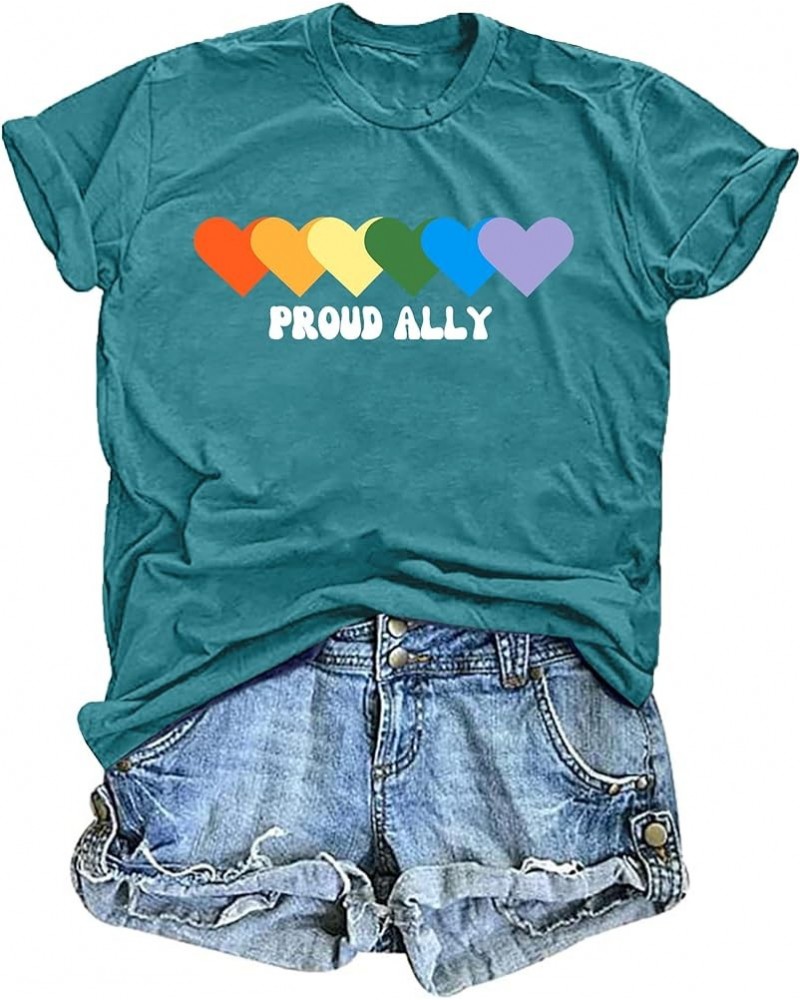 Proud Ally Shirt Women Pride Shirts Rainbow Graphic Tees LGBT Equality Tshirt Casual Holiday Tops Cyan2 $11.27 Tops