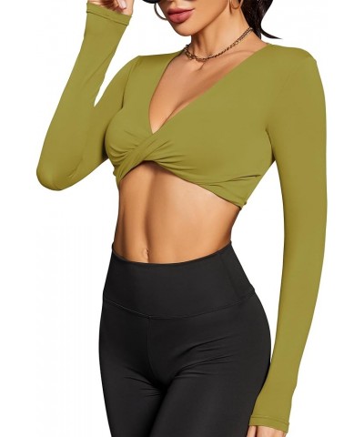 AKEWEI Long Sleeve Crop Tops for Women Twist Front V Neck Workout Athletic Tee Going Out Shirts Mustard Yellow $8.39 Activewear