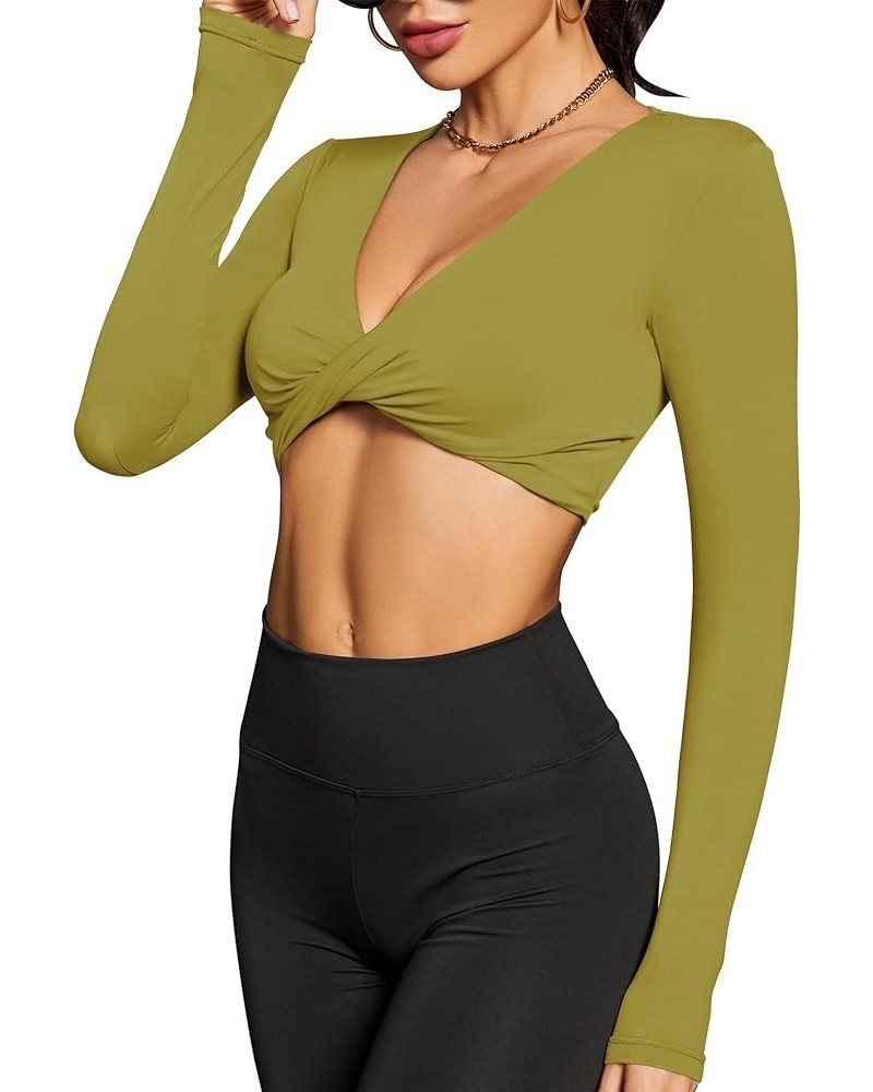 AKEWEI Long Sleeve Crop Tops for Women Twist Front V Neck Workout Athletic Tee Going Out Shirts Mustard Yellow $8.39 Activewear