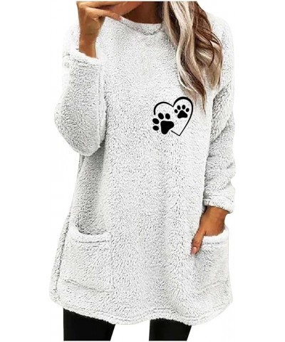 Long Fleece Sweatshirt For Women Fashion Graphic Print Pullover Tops Crewneck Cozy Sherpa Linend Pullover With Pockets Fuzzy ...