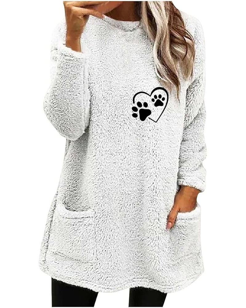 Long Fleece Sweatshirt For Women Fashion Graphic Print Pullover Tops Crewneck Cozy Sherpa Linend Pullover With Pockets Fuzzy ...