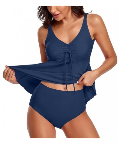 Tankini Swimsuits for Women 2 Piece Modest Blouson Tank Top Bathing Suits with Bikini Bottom Navy $10.50 Swimsuits