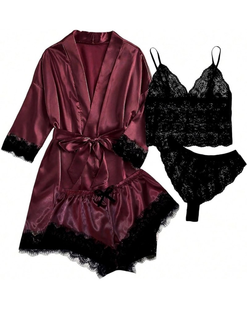 Sexy Lingerie for Women 2023 Naughty Silk Pajama Set Robe Floral Lace Nightgowns Satin Pj Set Multi Piece Pajama Set 4 Pc Paj...