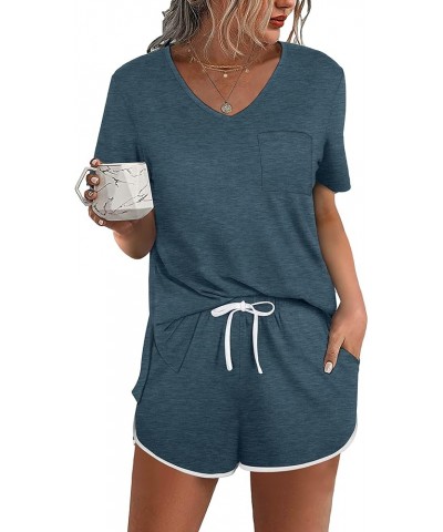 Lounge Set for Women 2 Piece Outfits Short Sleeve V Neck Pjs Sleepwear Soft Grey Blue $13.42 Sleep & Lounge