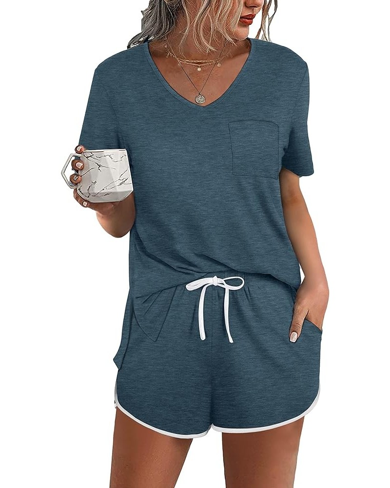 Lounge Set for Women 2 Piece Outfits Short Sleeve V Neck Pjs Sleepwear Soft Grey Blue $13.42 Sleep & Lounge